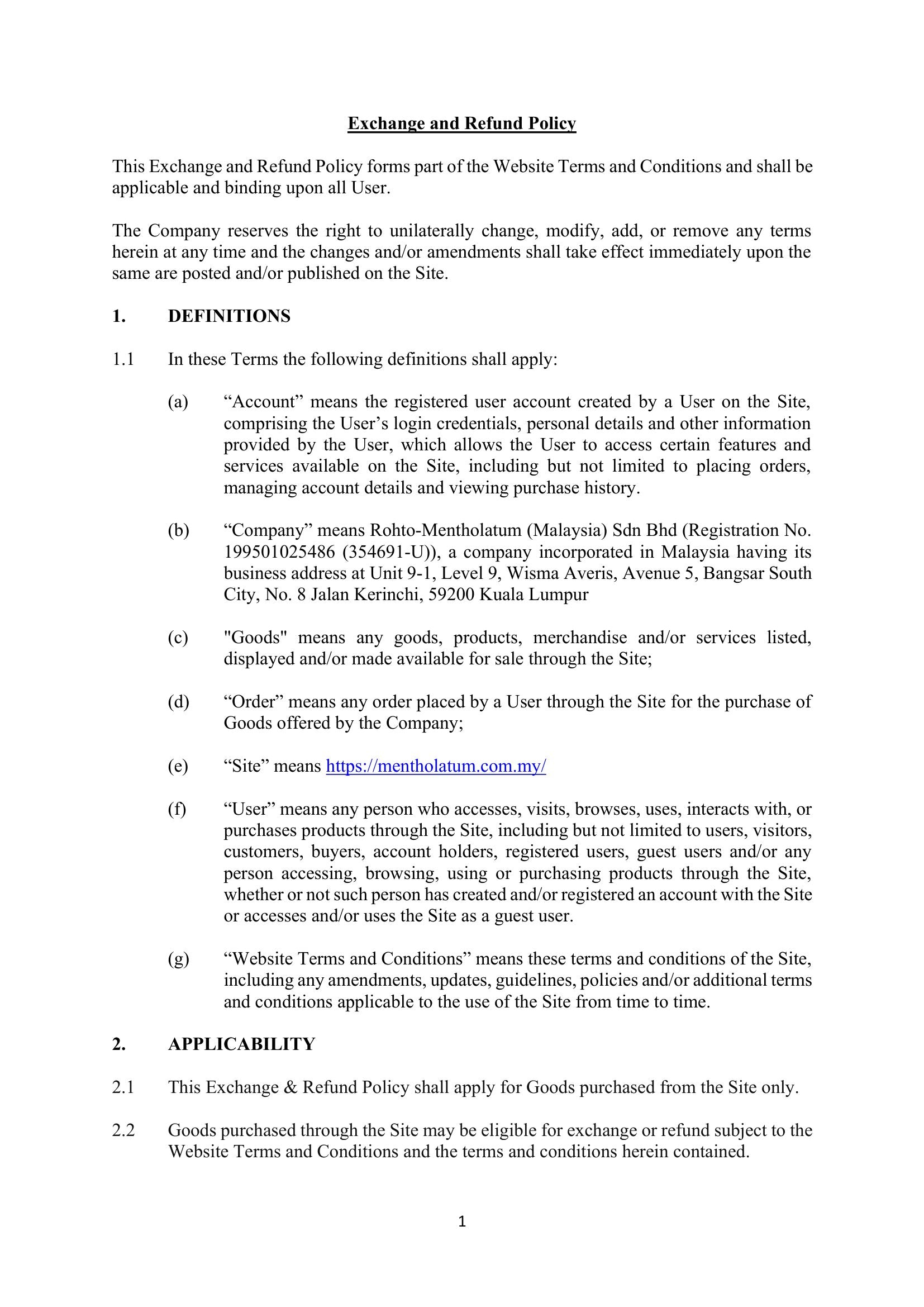 Return & Refund Policy page 1